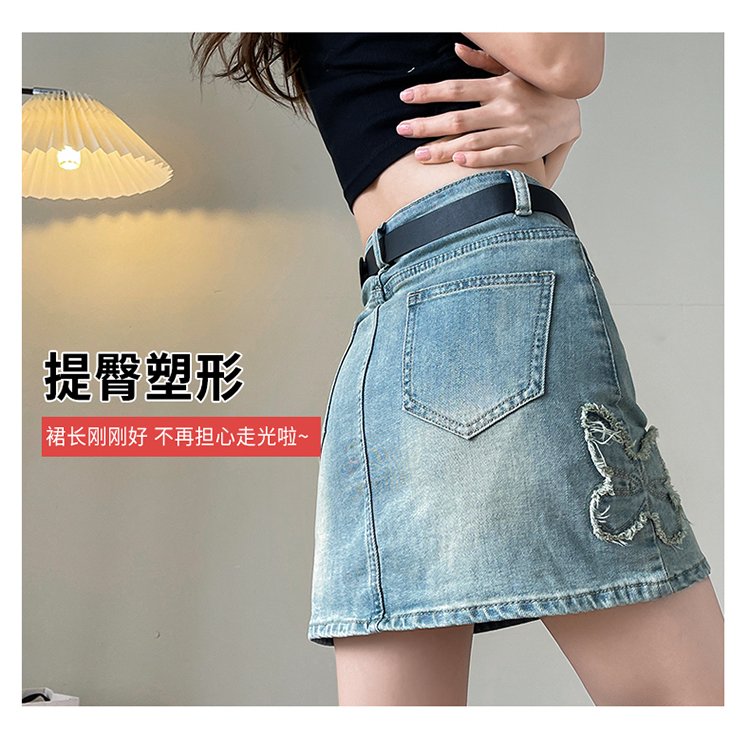 復古高腰蝴蝶刺繡牛仔短裙包臀裙防走光半身裙 商品細節