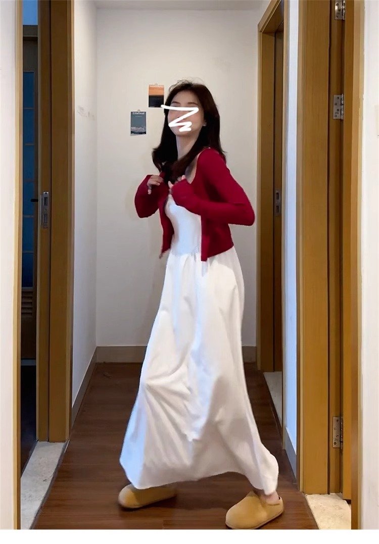 白色/黑色・吊帶・口袋・長版洋裝 版型展示