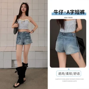 復古藍多口袋工裝牛仔短褲高腰飄帶設計熱褲
