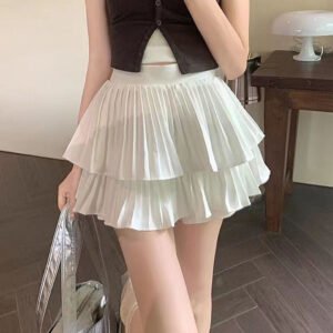 粉色／白色・高腰・百褶・蛋糕・短版半身裙