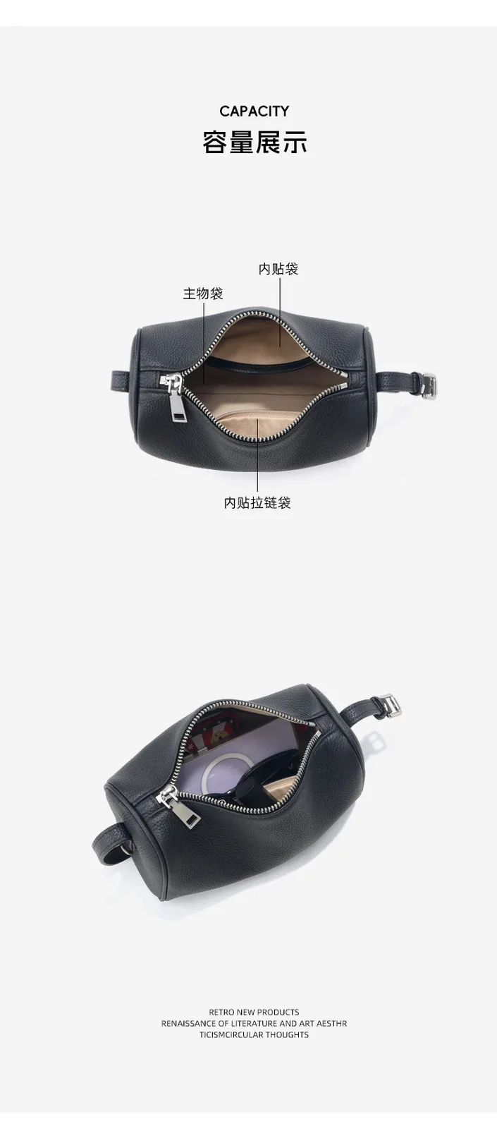 簡約通勤 頭層牛皮枕頭包細節展示