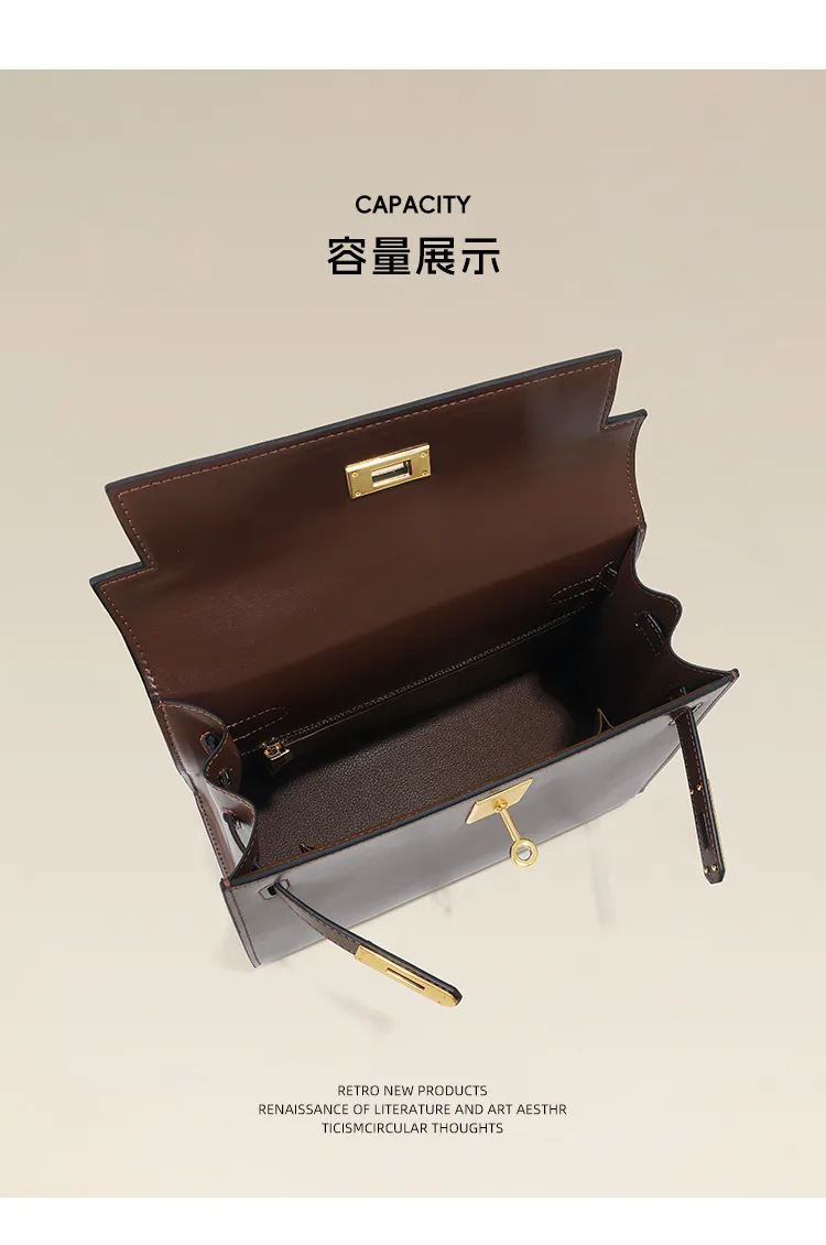 大容量通勤 光面牛皮翻蓋手提包細節展示