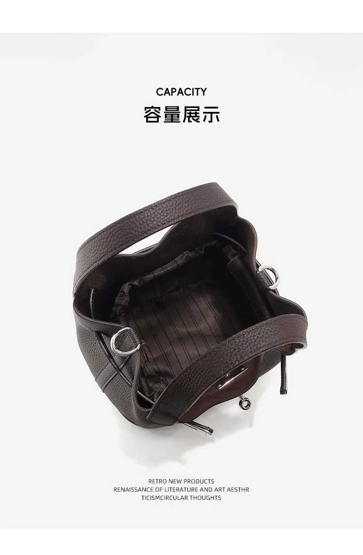大容量通勤 荔枝紋牛皮水桶包細節展示