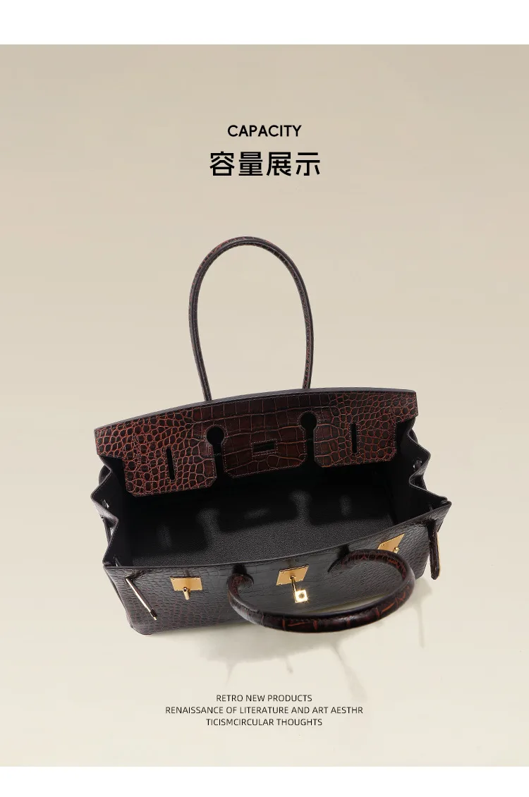 大容量通勤 鱷魚紋牛皮方形手提包細節展示