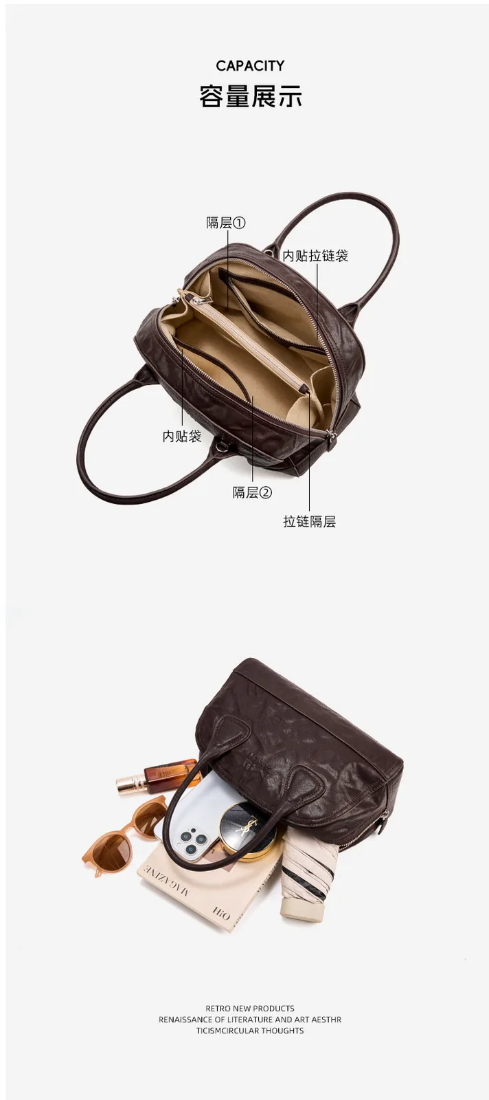 大容量褶皺 頭層牛皮枕頭包細節展示