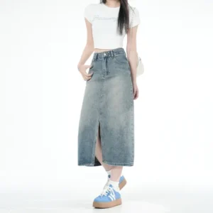 經典大眾韓風感耐看單品高腰開叉A字牛仔裙 半身裙