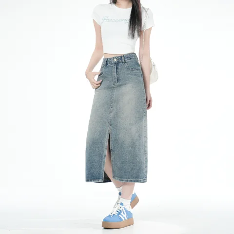 經典大眾韓風感耐看單品高腰開叉A字牛仔裙 半身裙