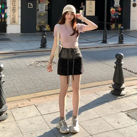 淺藍色燙鑽時髦牛仔短裙高腰彈力包臀裙
