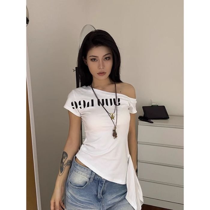 白色/灰色印花修身露肩夏日短袖上衣:圖片 14