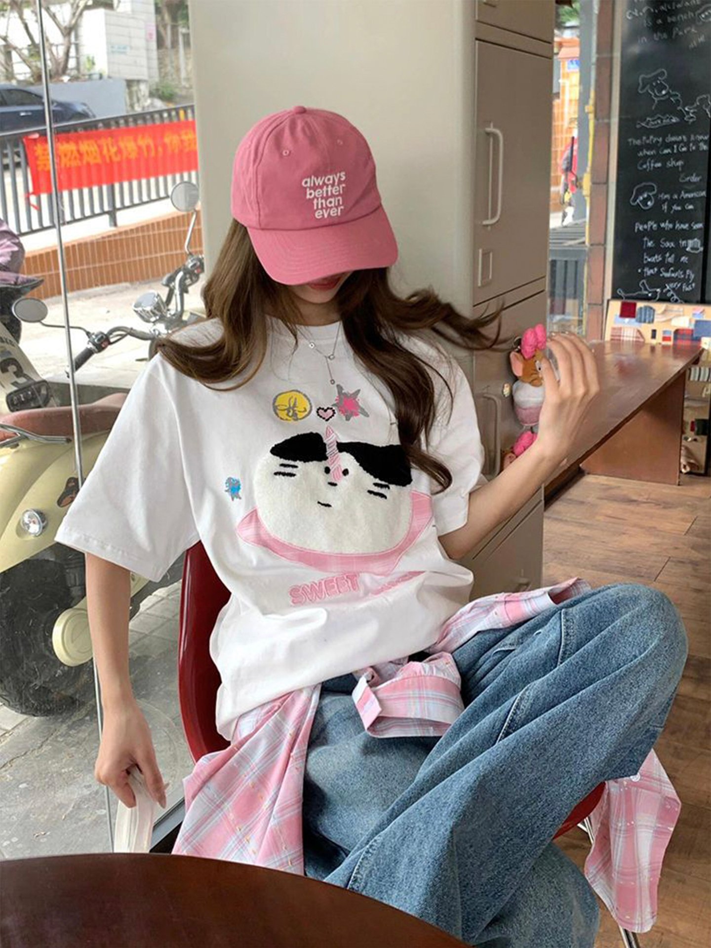 白色/藍色刺繡印花寬鬆夏日短袖上衣:圖片 8