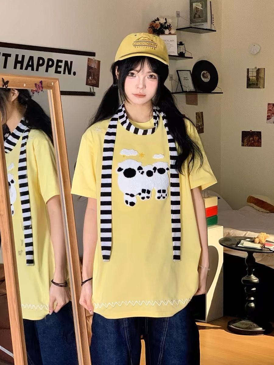 多色可選刺繡寬鬆夏日藍色短袖上衣:圖片 9