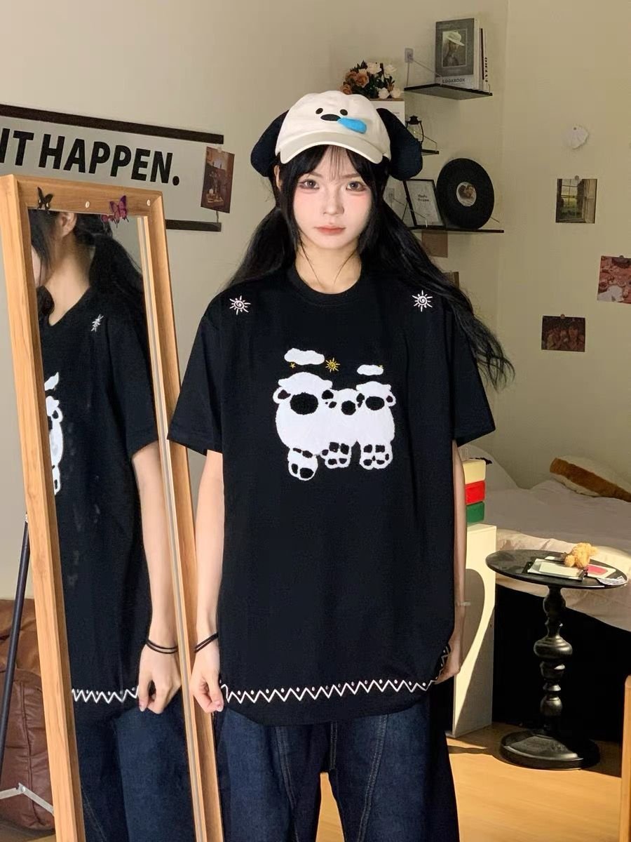 多色可選刺繡寬鬆夏日藍色短袖上衣:圖片 7