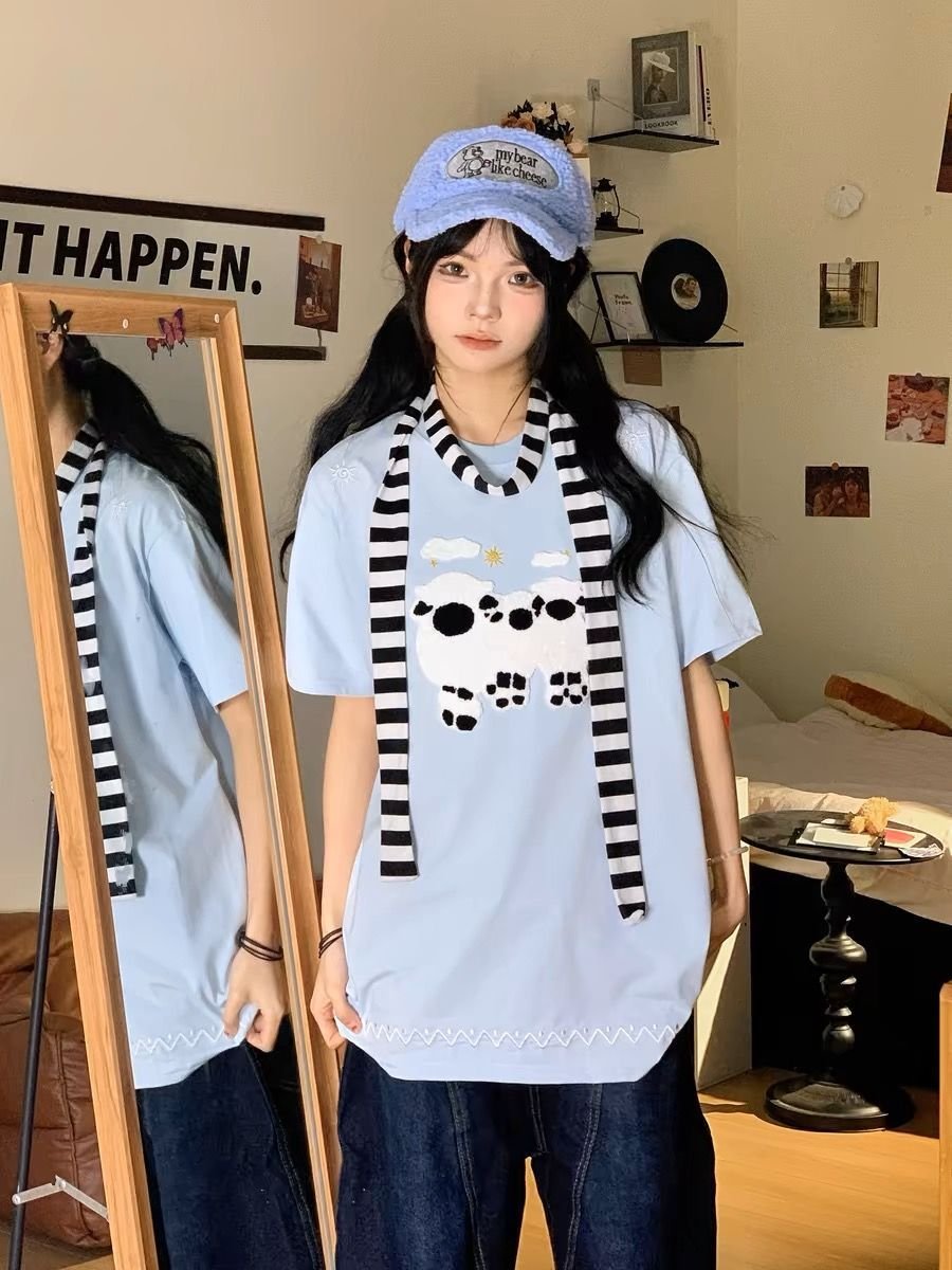 多色可選刺繡寬鬆夏日藍色短袖上衣:圖片 8