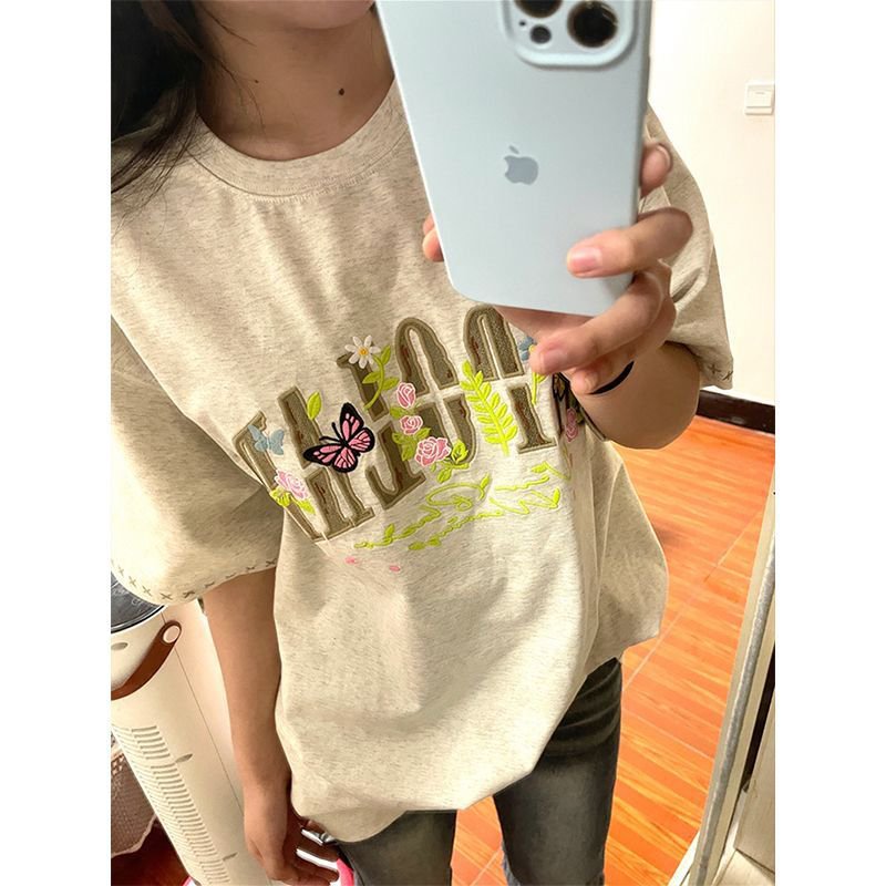 黑色/白灰色刺繡寬鬆夏日短袖上衣:圖片 7