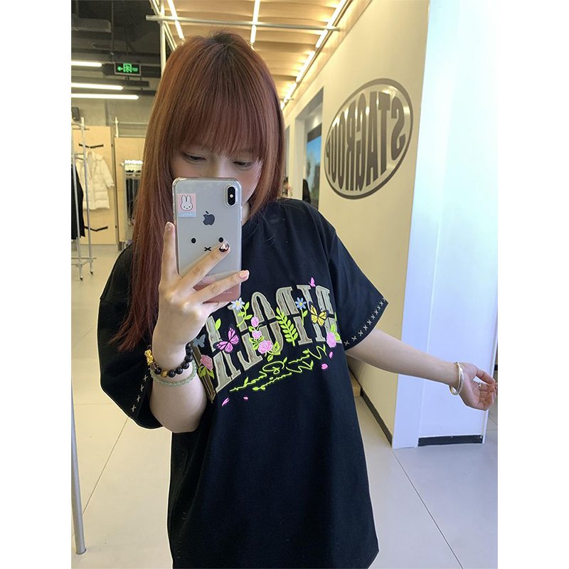 黑色/白灰色刺繡寬鬆夏日短袖上衣:圖片 8