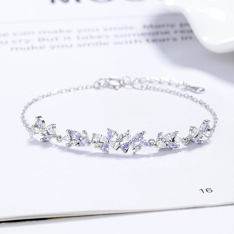 S925純銀紫藤花彩色鋯石手鍊・白金色 正面展示
