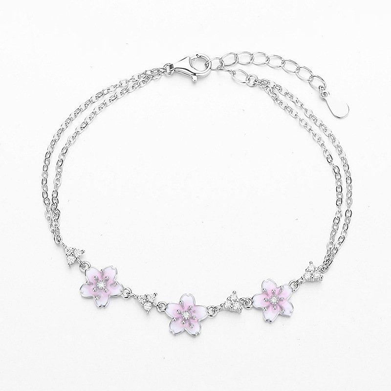 S925純銀粉色滴膠桃花雙層手鍊・2色 白金色正面展示