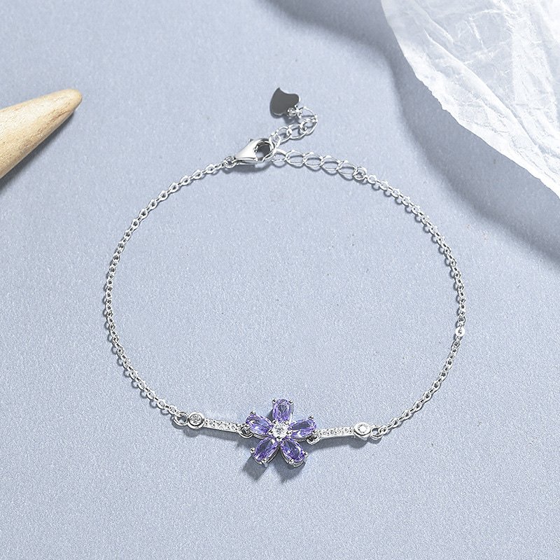 S925純銀紫鑽花朵手鍊・2色 白金色完整展示