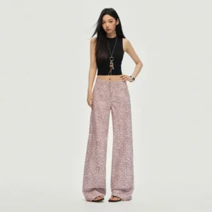 復古高街垂感粉色豹紋直筒闊腿牛仔褲寬松長褲
