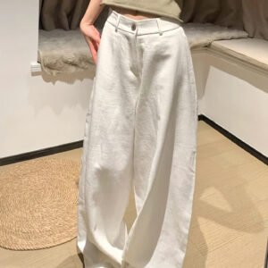 白色弧形闊腿休閒褲