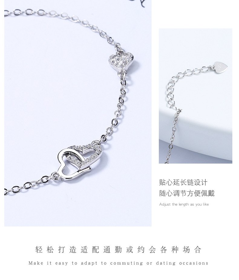 S925純銀雙愛心相扣鋯石手鍊・白金色 雙心鋯石與延長鍊細節