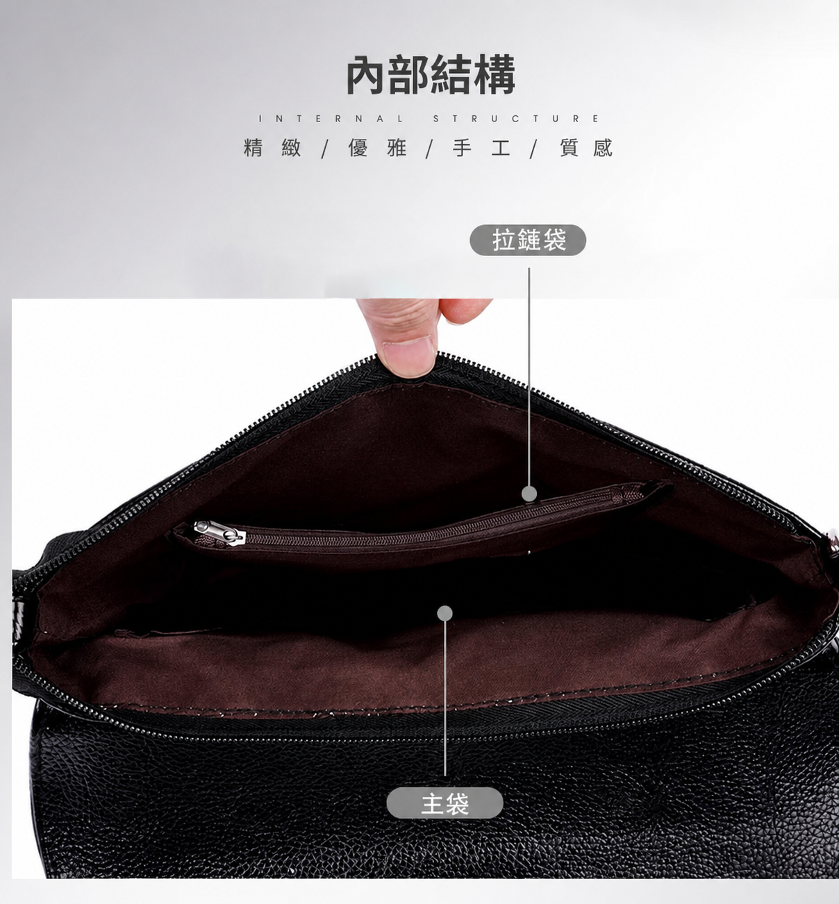 韓系蛇紋拼接手提斜背包 繁中內部結構
